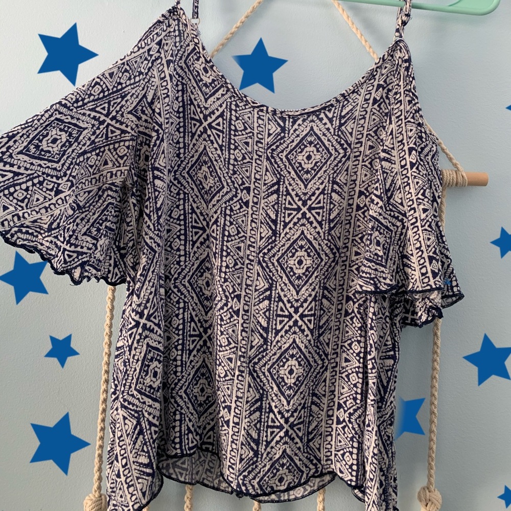 Blue flowy off the shoulder top with straps
